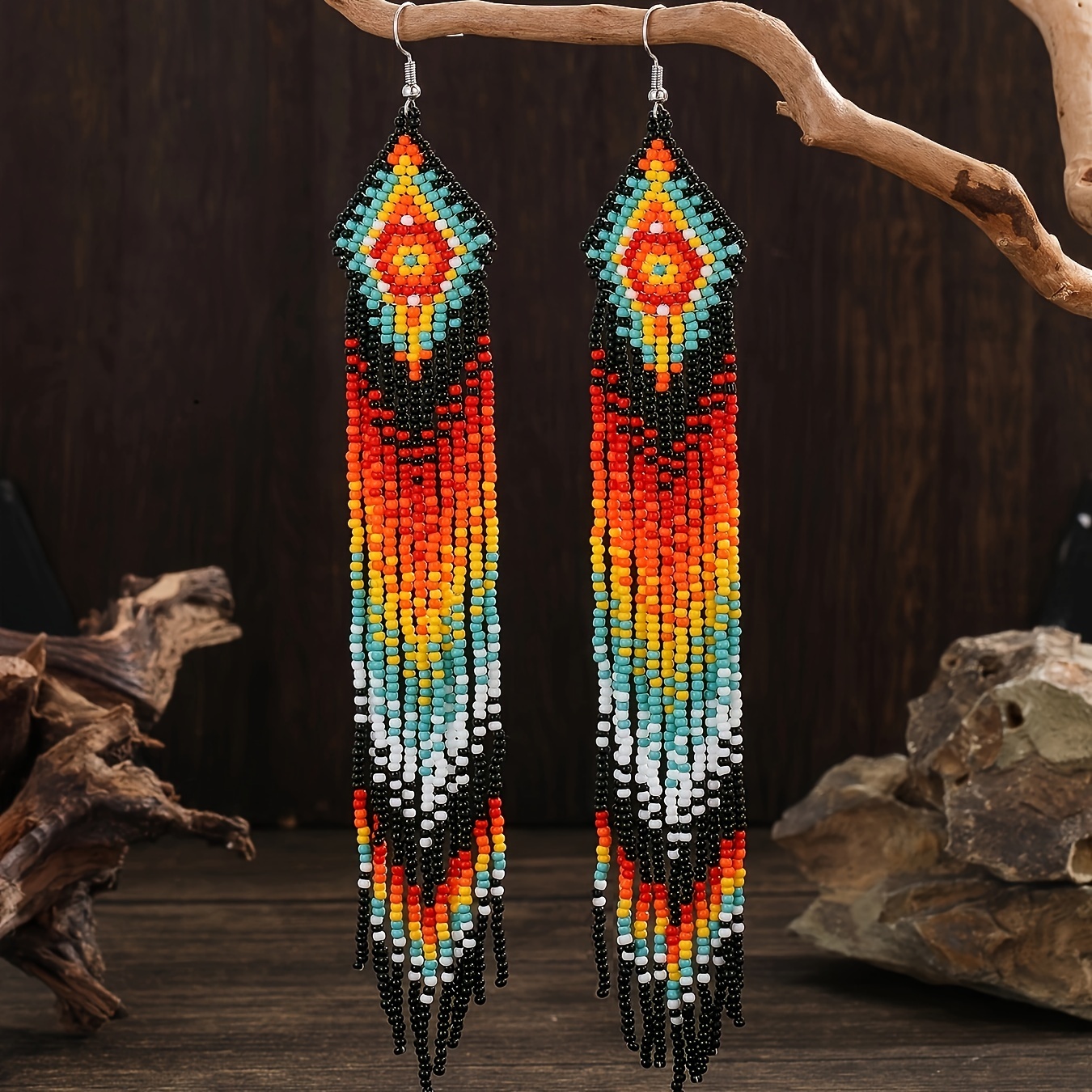Boho Beaded Tassel Earrings Geometric Pattern Glass Material